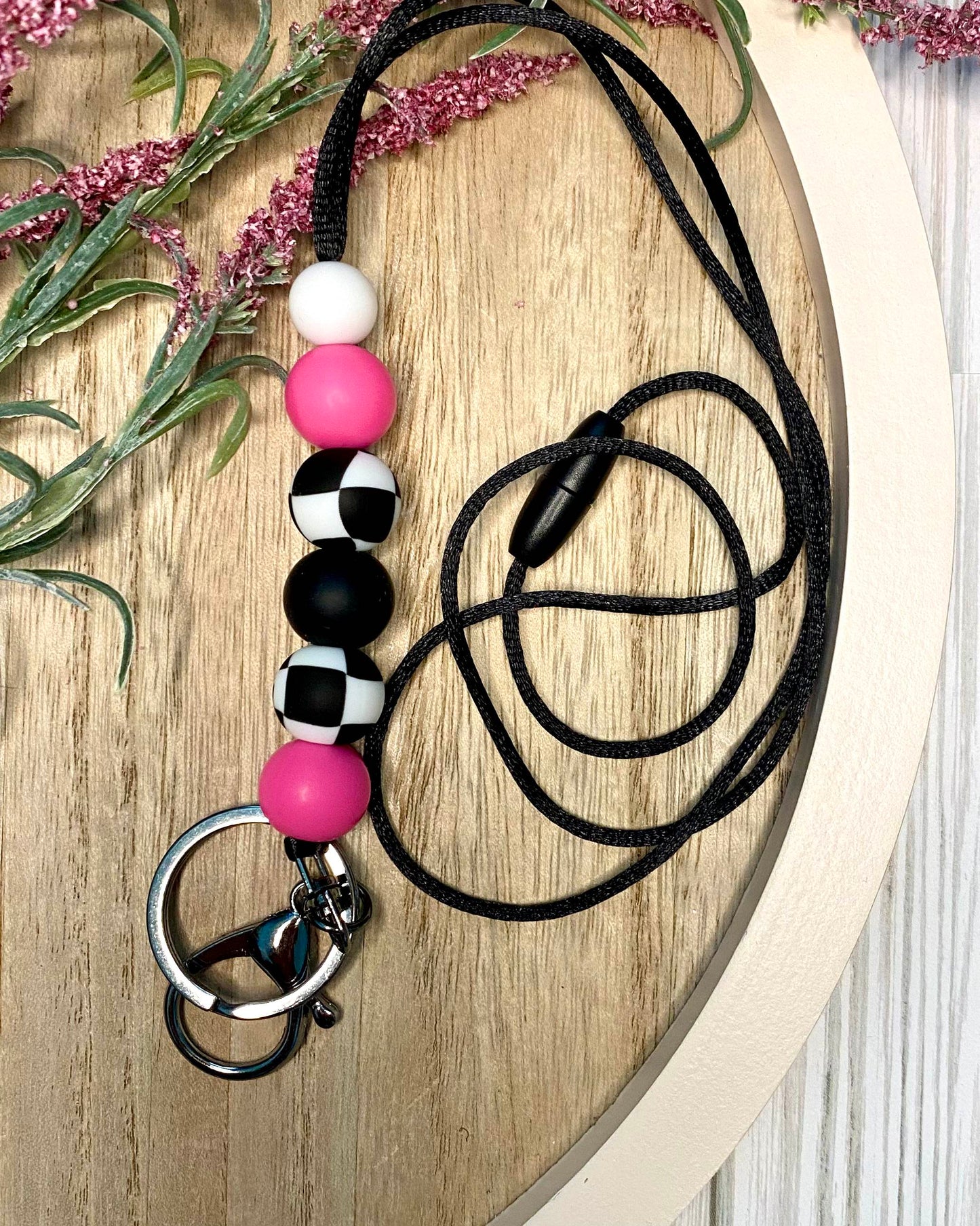 Pink Black Checkered Silicone Beaded Lanyard