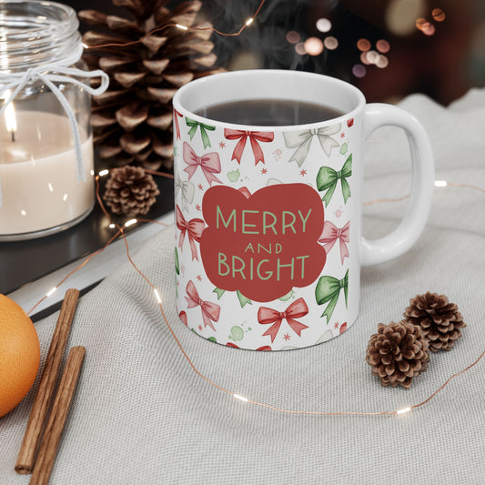 Christmas Bow Pattern Ceramic Mug — Holiday 'Merry & Bright' Gift Mug (11oz/15oz)