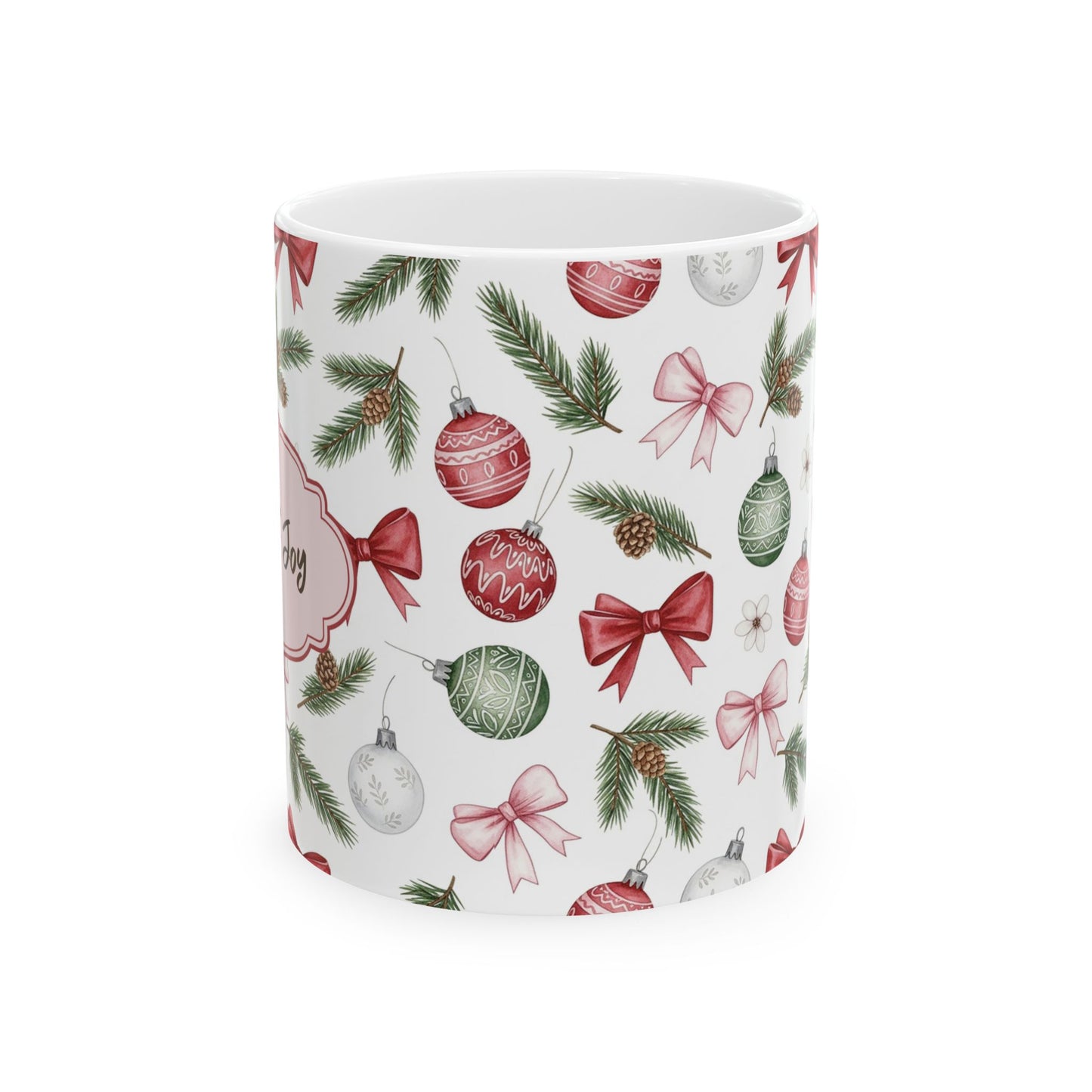 Christmas Vintage Ornament Pattern Ceramic Mug — Holiday Bow & Pine Branch Coffee Cup