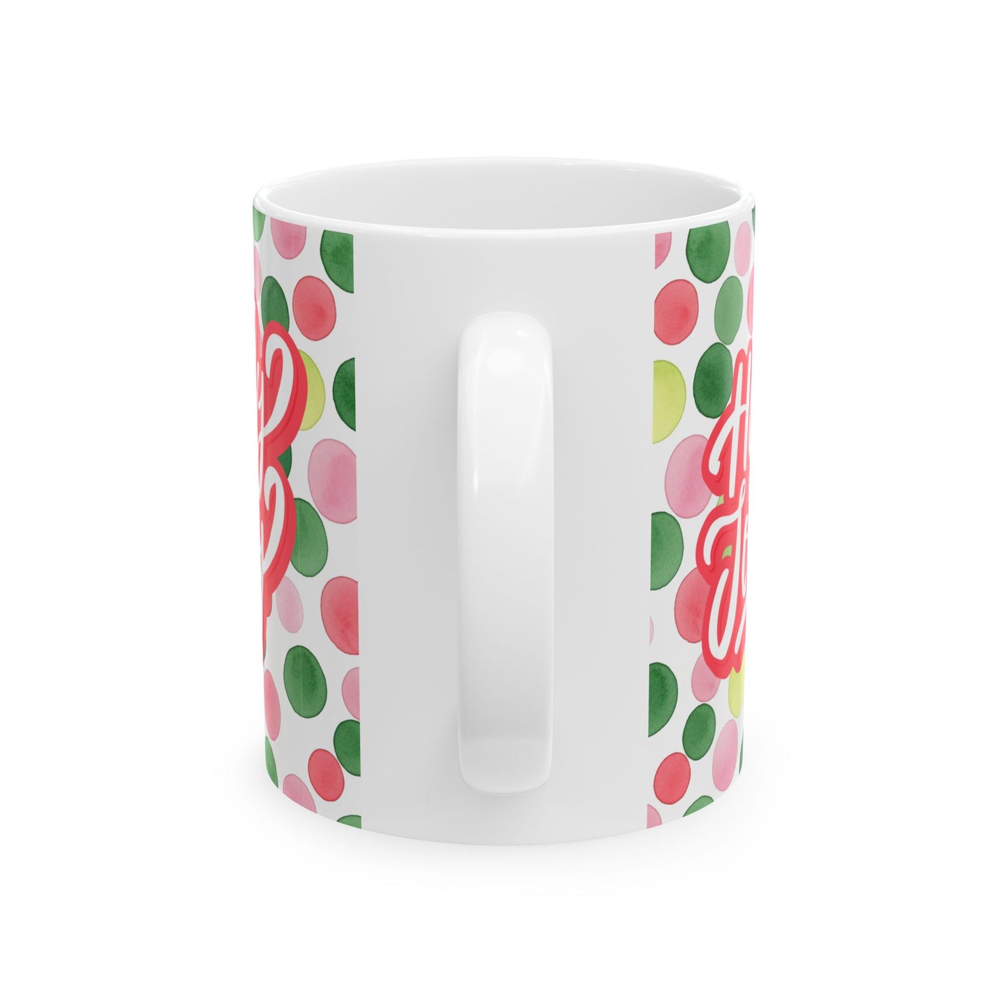 Holiday Watercolor Dots Ceramic Mug — Happy Holidays Script Design (11oz, 15oz)