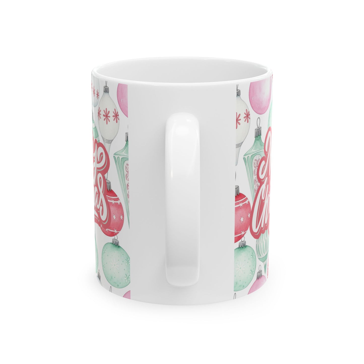 Christmas Vintage Ornaments Mug — 'Merry Christmas' Pink & Mint Holiday Ceramic Coffee Mug (11oz/15oz)