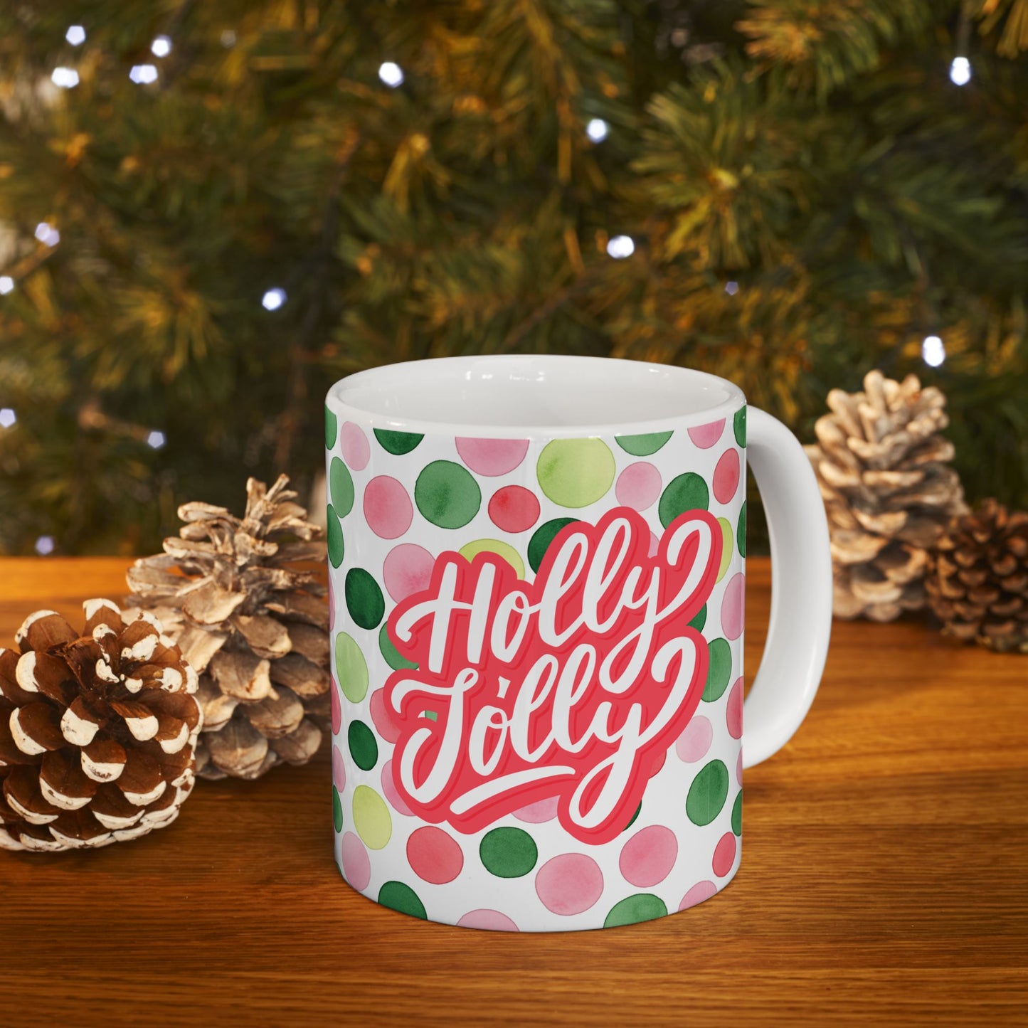 Holiday Watercolor Dots Ceramic Mug — Happy Holidays Script Design (11oz, 15oz)