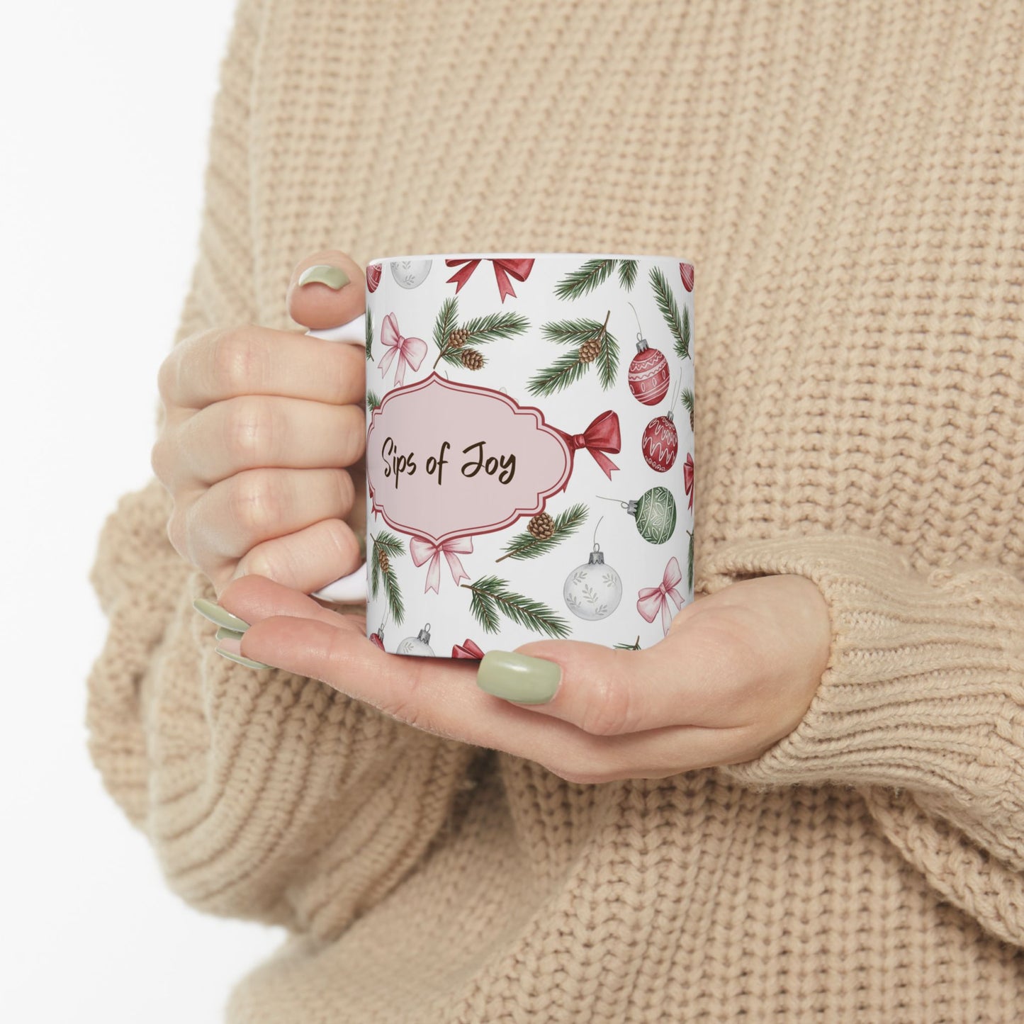 Christmas Vintage Ornament Pattern Ceramic Mug — Holiday Bow & Pine Branch Coffee Cup