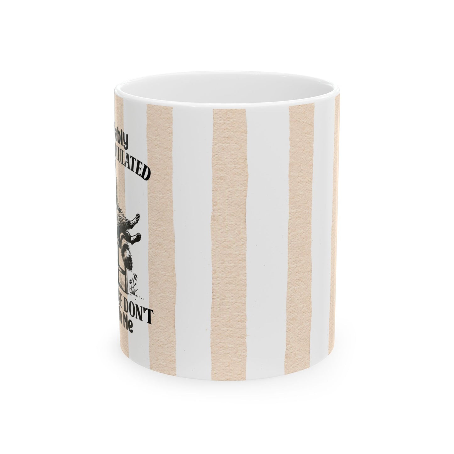 Probably Overstimulated Raccoon Retro Ceramic Mug — Vintage Striped Illustration (11oz, 15oz)