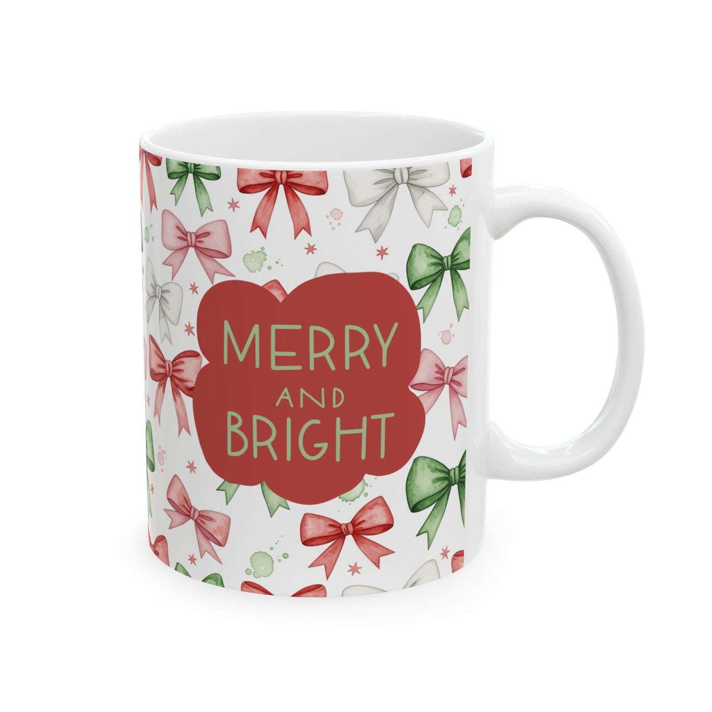 Christmas Bow Pattern Ceramic Mug — Holiday 'Merry & Bright' Gift Mug (11oz/15oz)