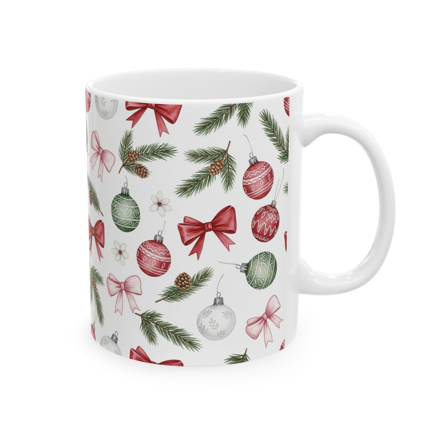 Christmas Vintage Ornament Pattern Ceramic Mug — Holiday Bow & Pine Branch Coffee Cup