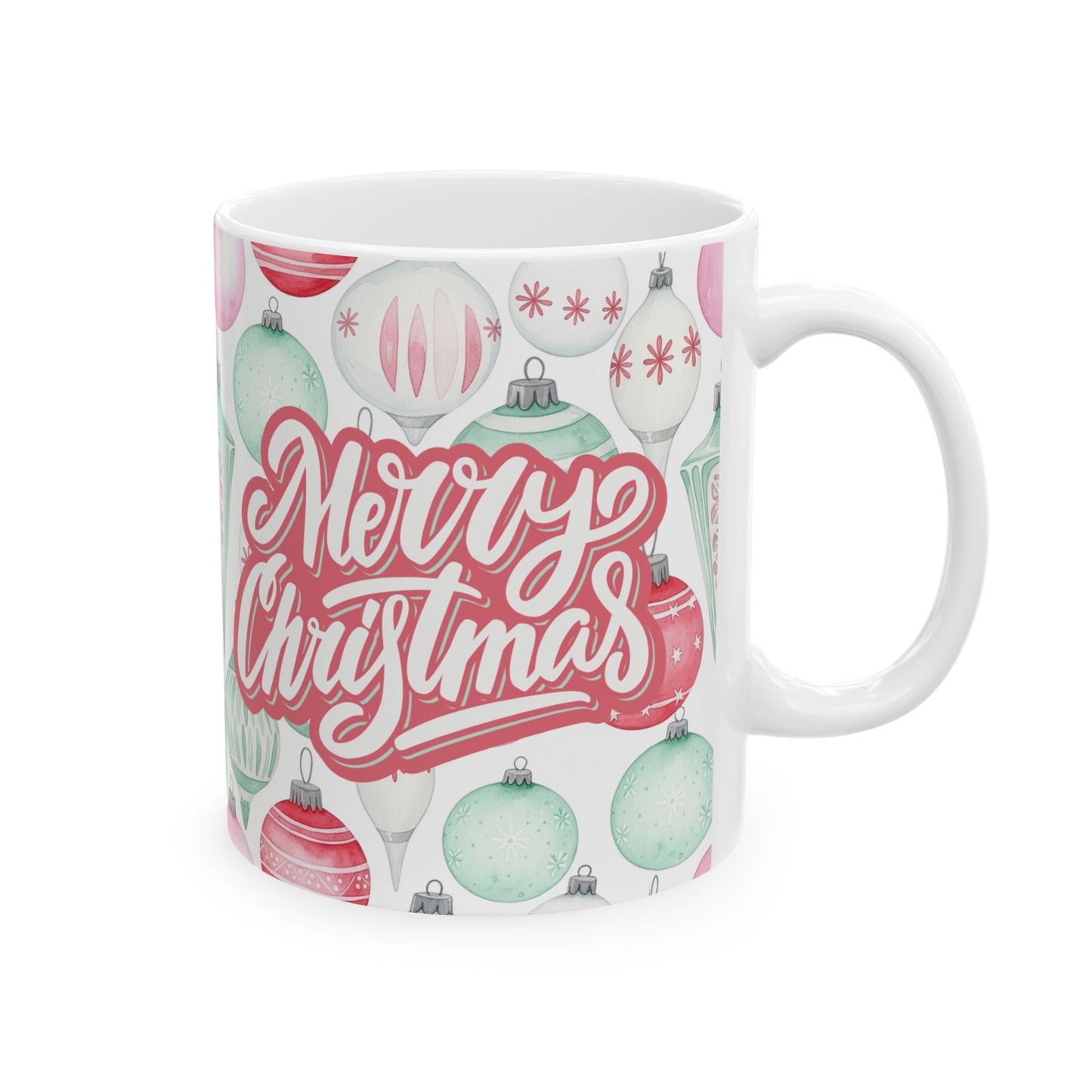 Christmas Vintage Ornaments Mug — 'Merry Christmas' Pink & Mint Holiday Ceramic Coffee Mug (11oz/15oz)