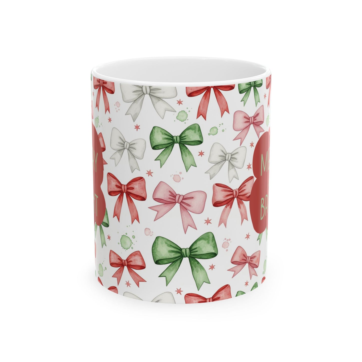 Christmas Bow Pattern Ceramic Mug — Holiday 'Merry & Bright' Gift Mug (11oz/15oz)