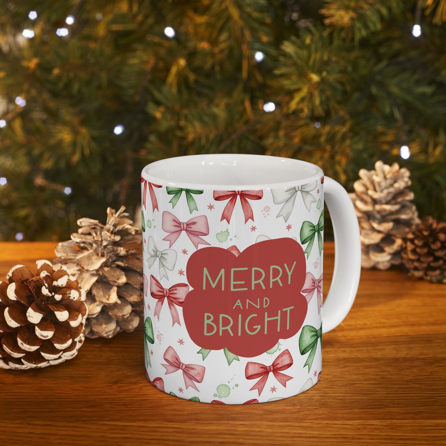Christmas Bow Pattern Ceramic Mug — Holiday 'Merry & Bright' Gift Mug (11oz/15oz)