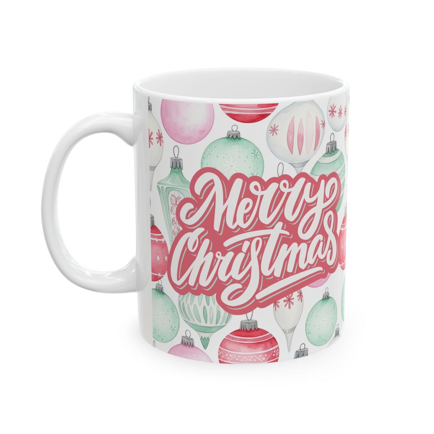 Christmas Vintage Ornaments Mug — 'Merry Christmas' Pink & Mint Holiday Ceramic Coffee Mug (11oz/15oz)
