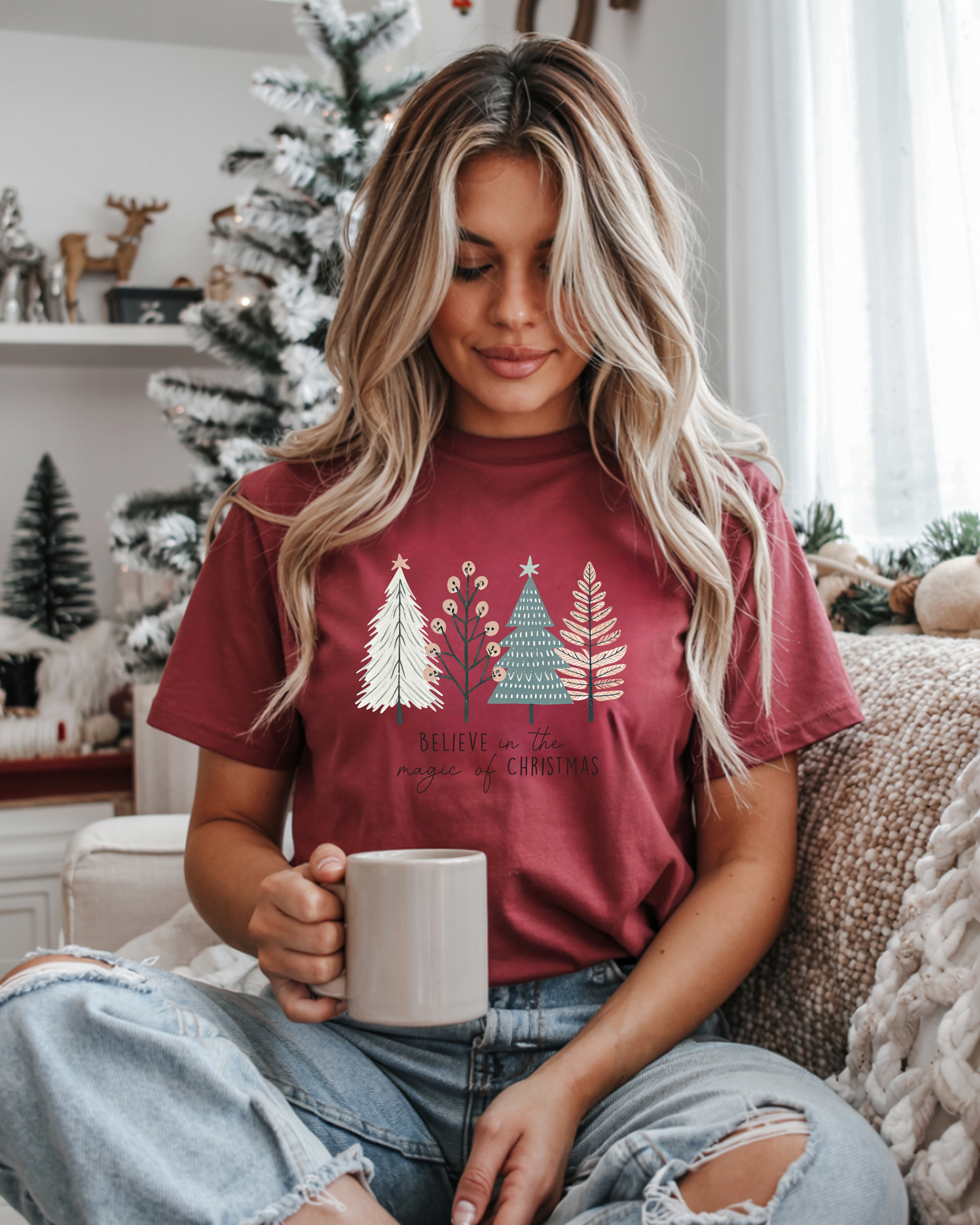 Christmas Boho Tree Tee - Unisex T-shirt 'Believe in the Magic of Christmas' Holiday Shirt