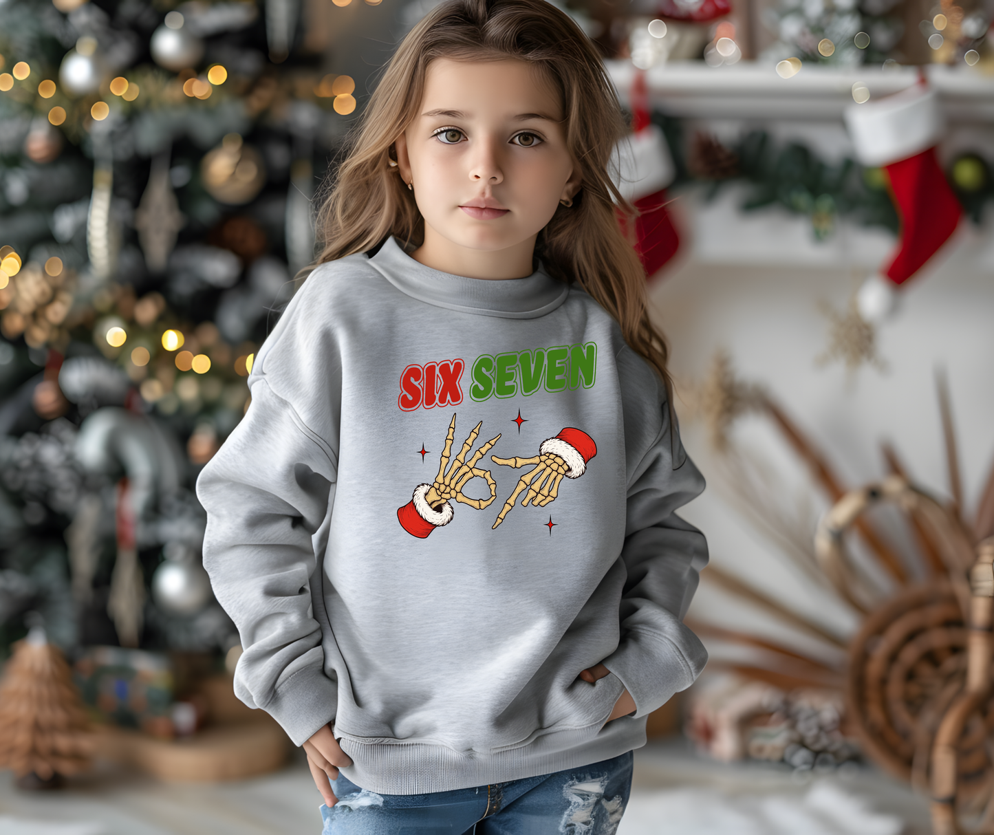 Youth Christmas Skeleton 'Six Seven' Crewneck Sweatshirt