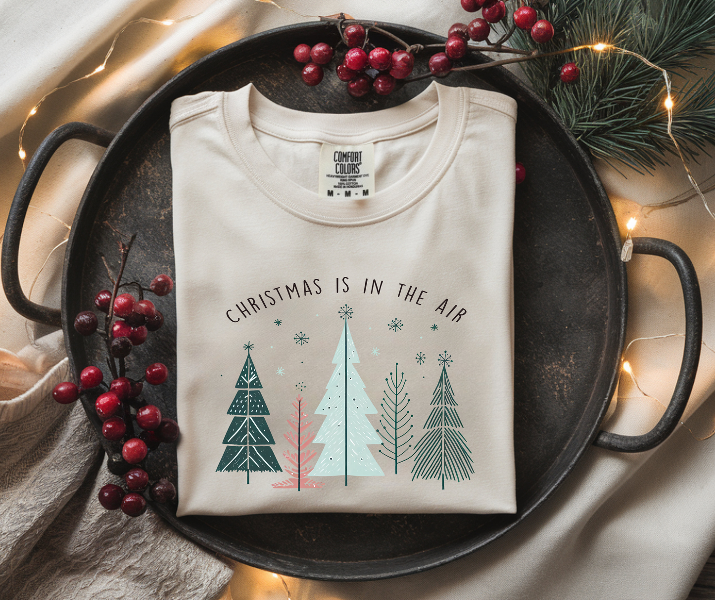 Christmas Is In The Air T-Shirt — Minimal Pastel Holiday Tree Tee