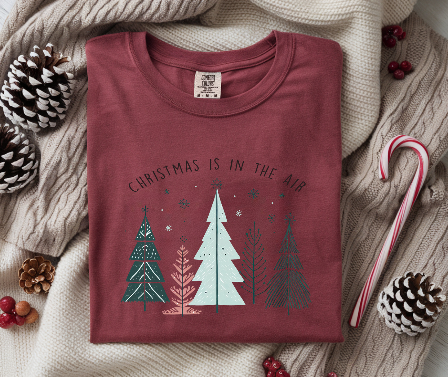 Christmas Is In The Air T-Shirt — Minimal Pastel Holiday Tree Tee