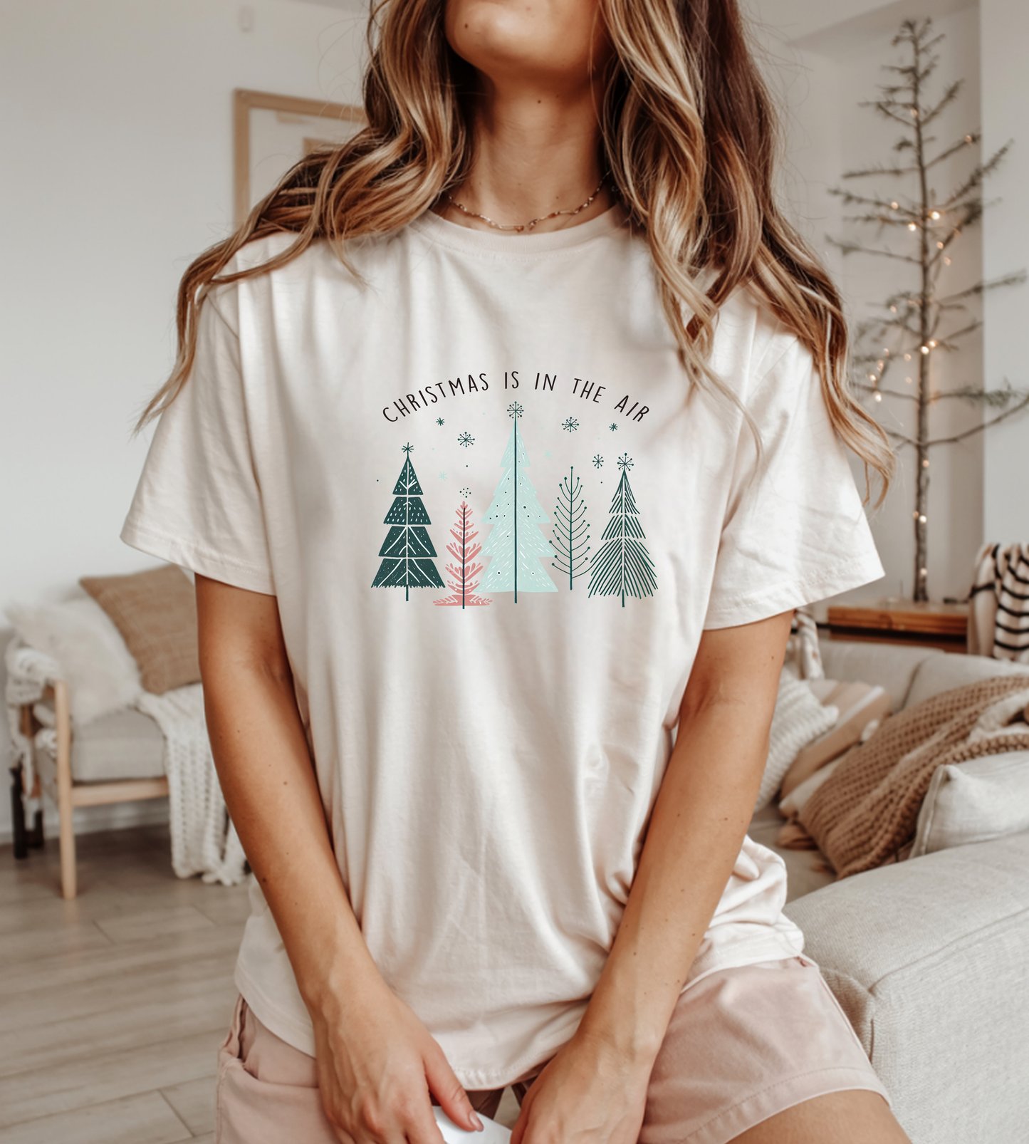 Christmas Is In The Air T-Shirt — Minimal Pastel Holiday Tree Tee