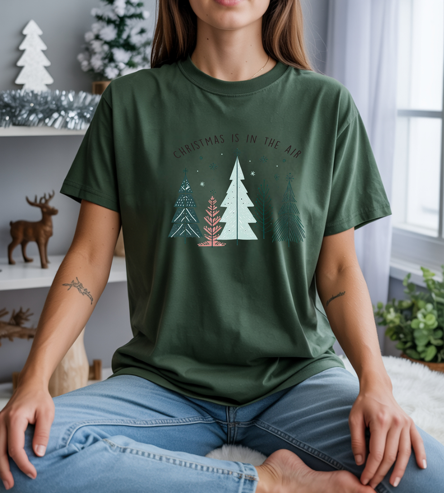 Christmas Is In The Air T-Shirt — Minimal Pastel Holiday Tree Tee