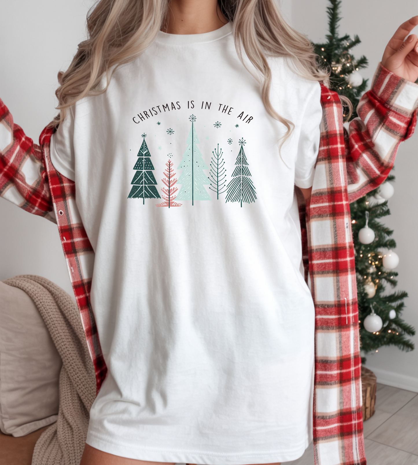 Christmas Is In The Air T-Shirt — Minimal Pastel Holiday Tree Tee