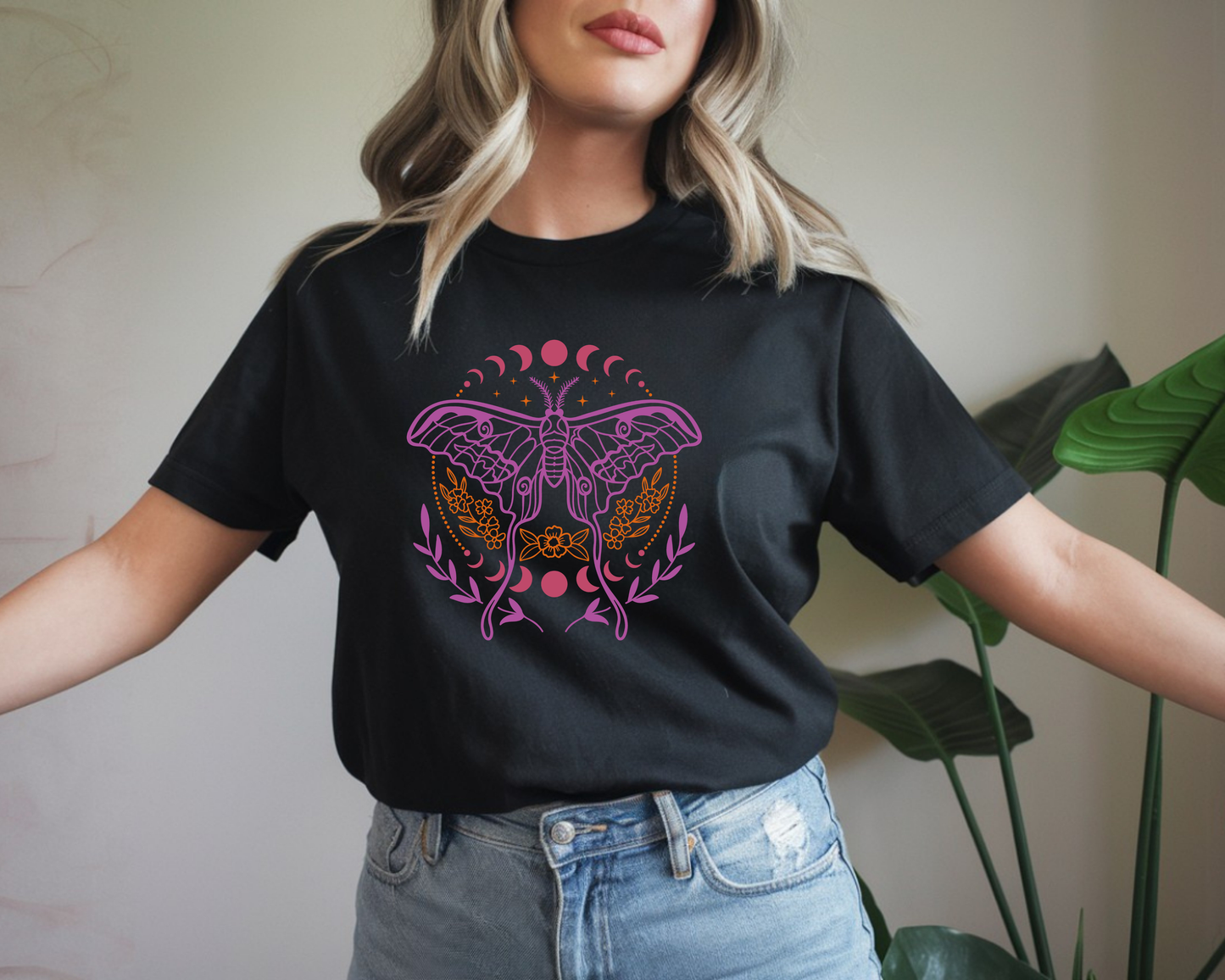 Moth & Moon Phases T-Shirt — Feminine Botanical Moth Tee