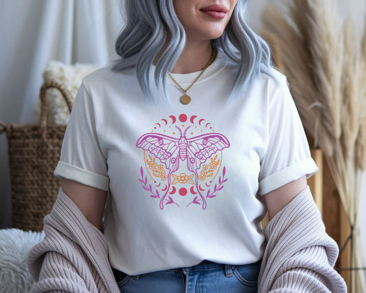 Moth & Moon Phases T-Shirt — Feminine Botanical Moth Tee