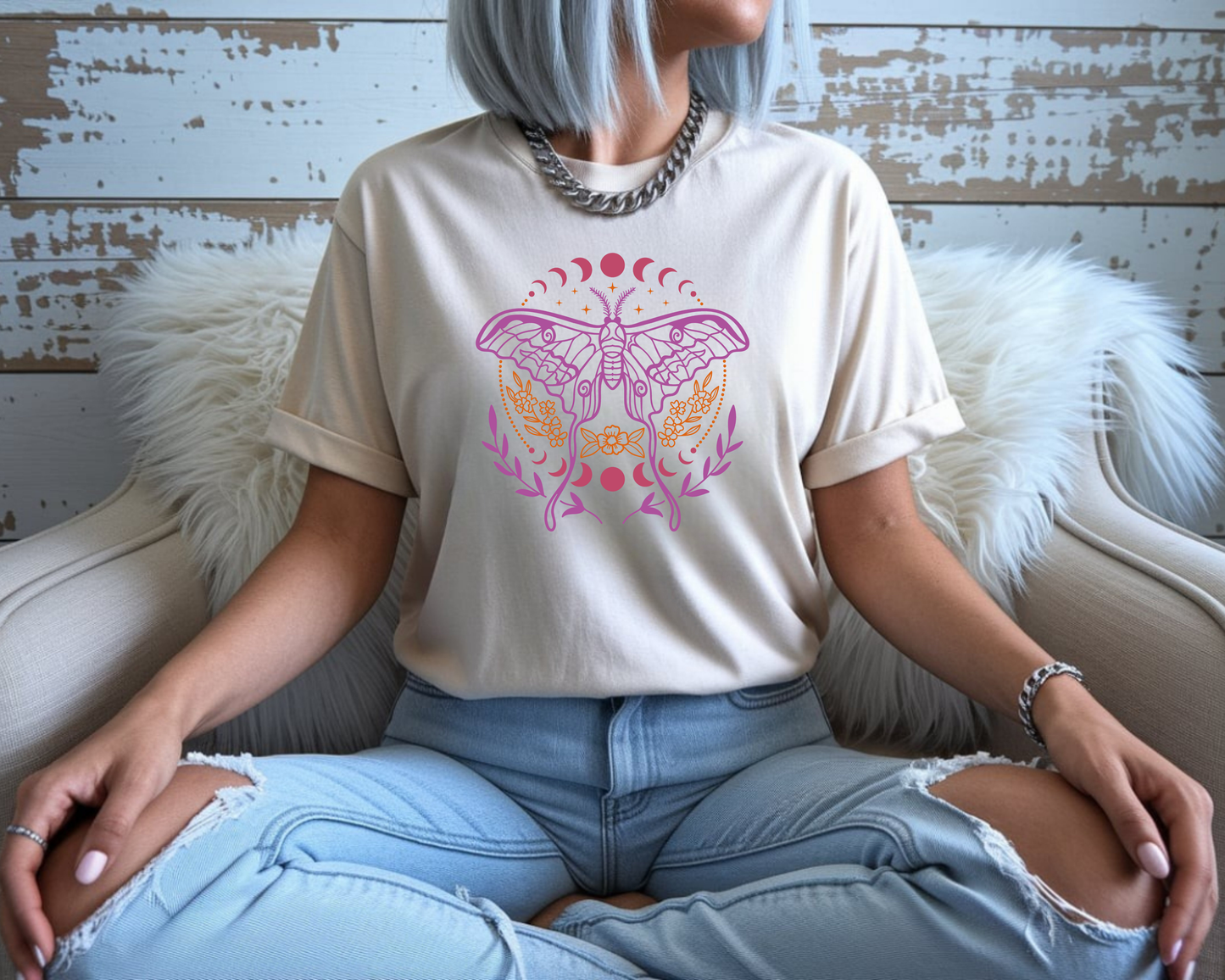 Moth & Moon Phases T-Shirt — Feminine Botanical Moth Tee