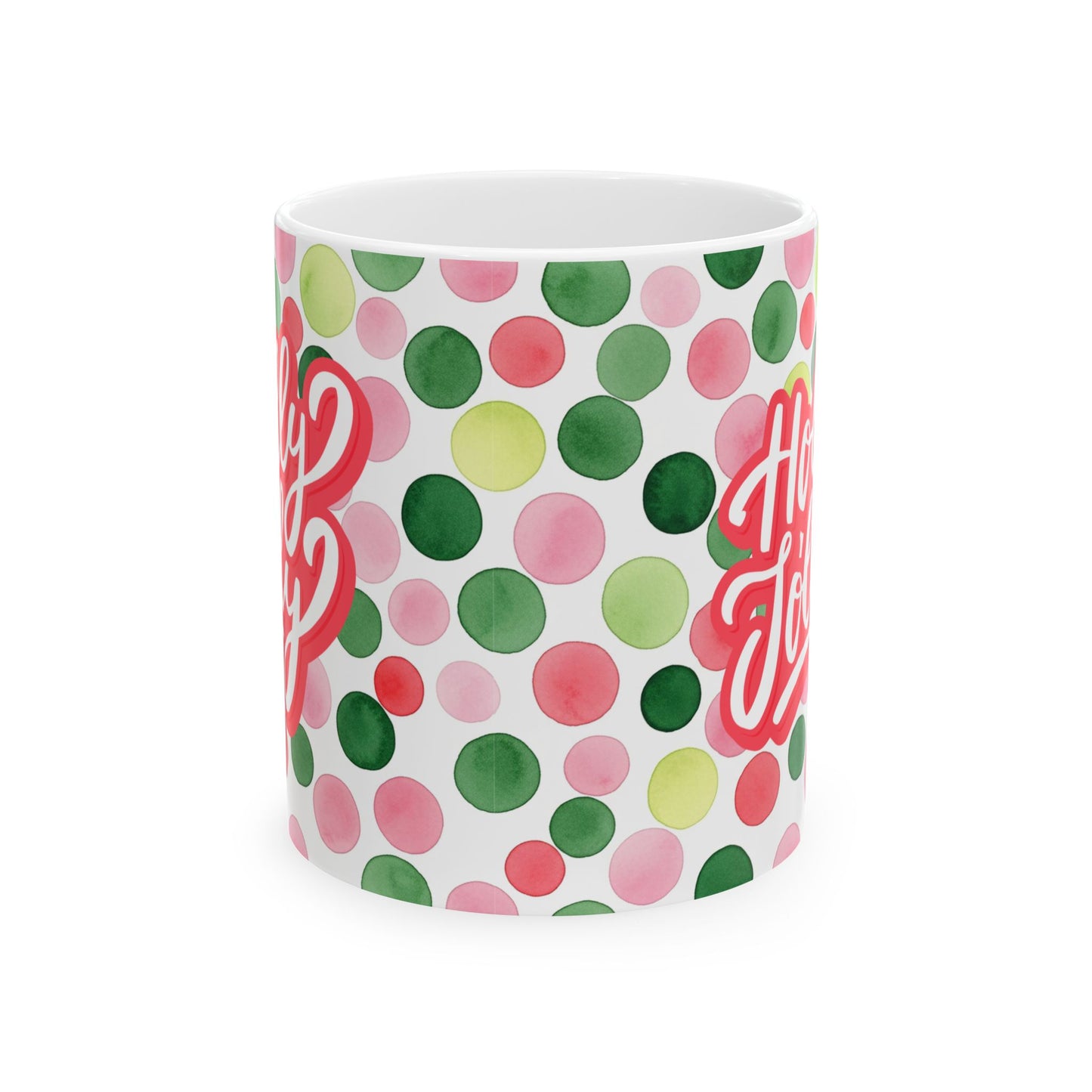 Holiday Watercolor Dots Ceramic Mug — Happy Holidays Script Design (11oz, 15oz)