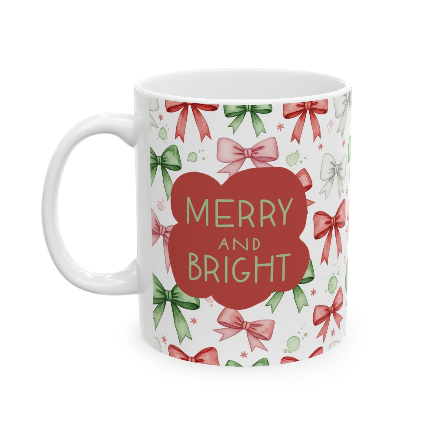 Christmas Bow Pattern Ceramic Mug — Holiday 'Merry & Bright' Gift Mug (11oz/15oz)
