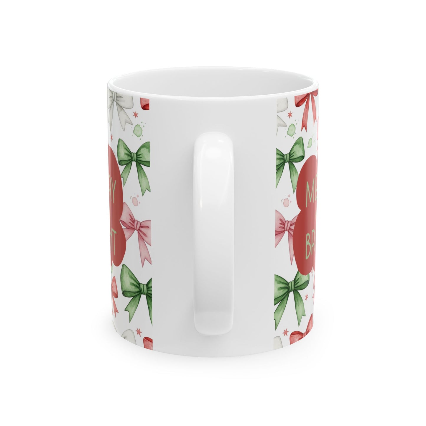 Christmas Bow Pattern Ceramic Mug — Holiday 'Merry & Bright' Gift Mug (11oz/15oz)