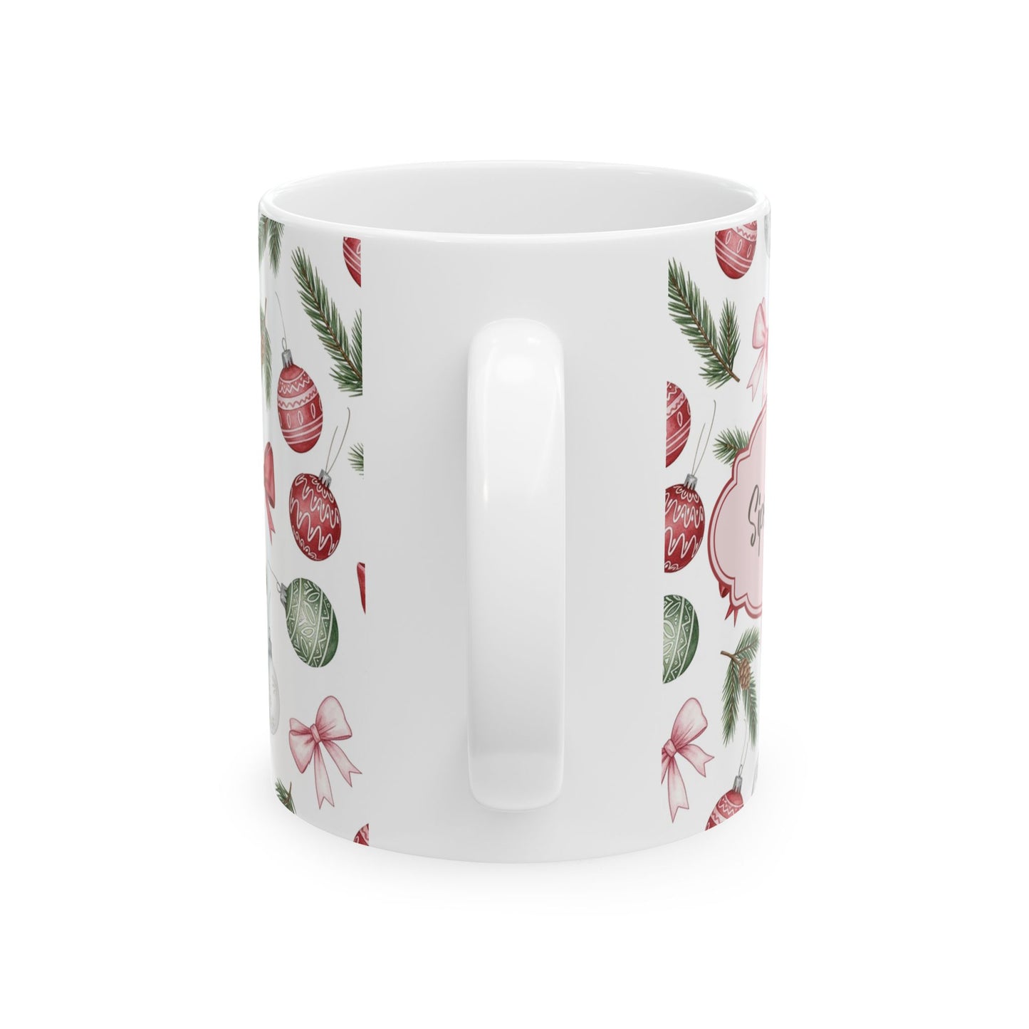 Christmas Vintage Ornament Pattern Ceramic Mug — Holiday Bow & Pine Branch Coffee Cup