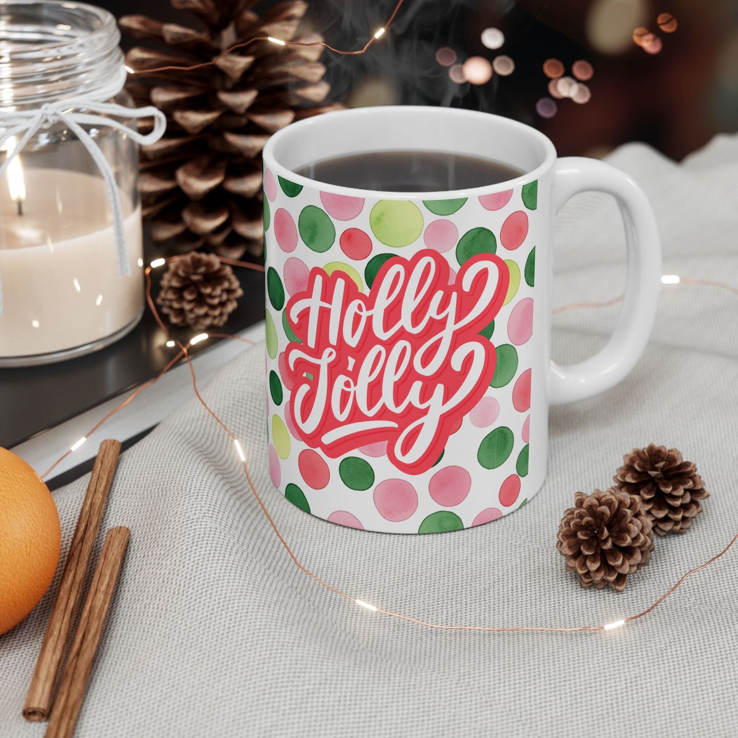 Holiday Watercolor Dots Ceramic Mug — Happy Holidays Script Design (11oz, 15oz)