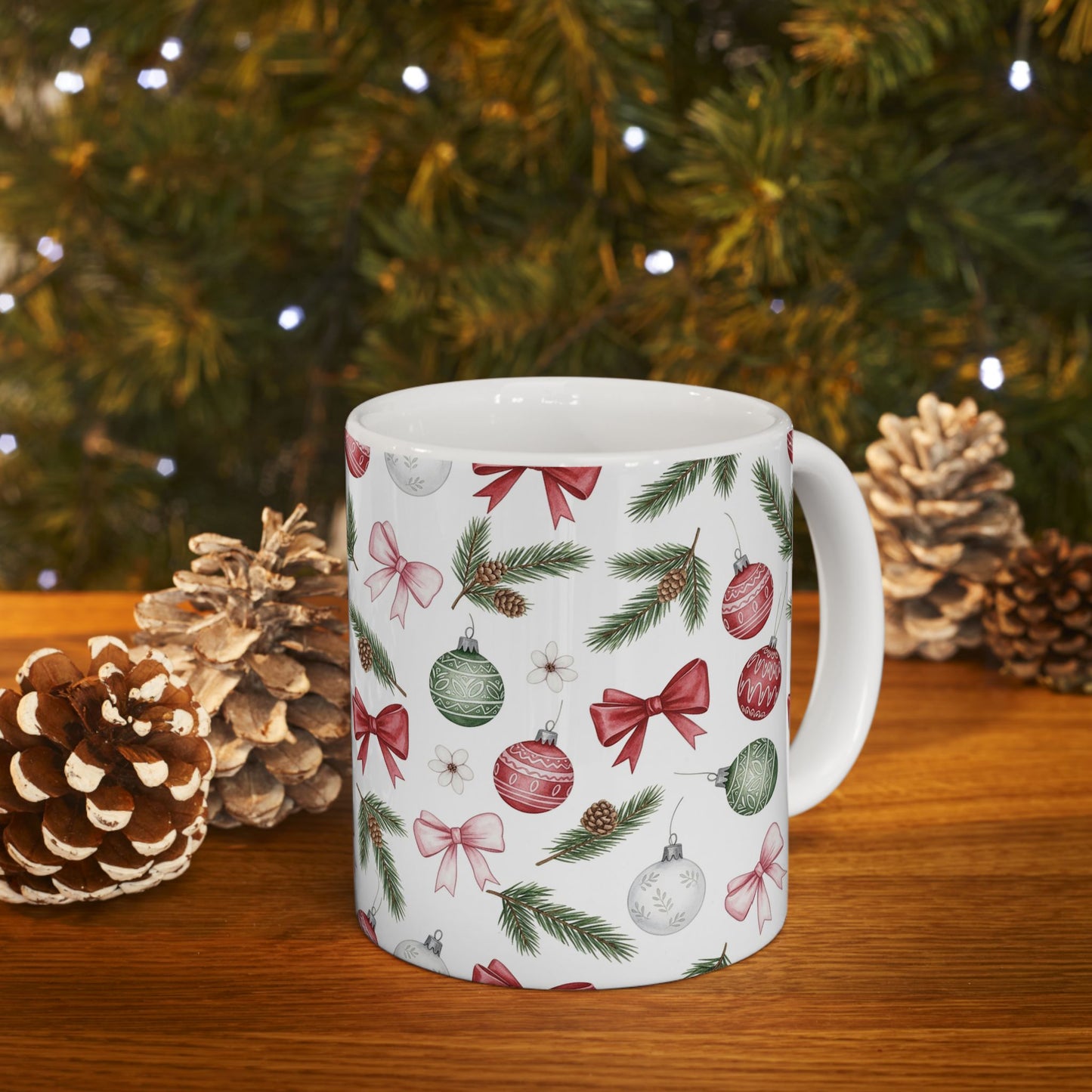 Christmas Vintage Ornament Pattern Ceramic Mug — Holiday Bow & Pine Branch Coffee Cup