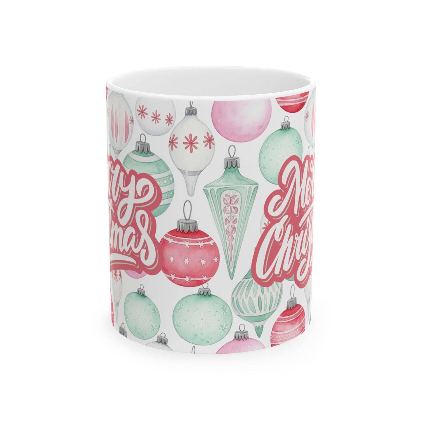 Christmas Vintage Ornaments Mug — 'Merry Christmas' Pink & Mint Holiday Ceramic Coffee Mug (11oz/15oz)