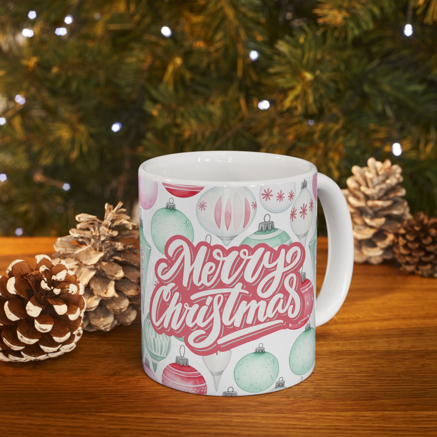 Christmas Vintage Ornaments Mug — 'Merry Christmas' Pink & Mint Holiday Ceramic Coffee Mug (11oz/15oz)
