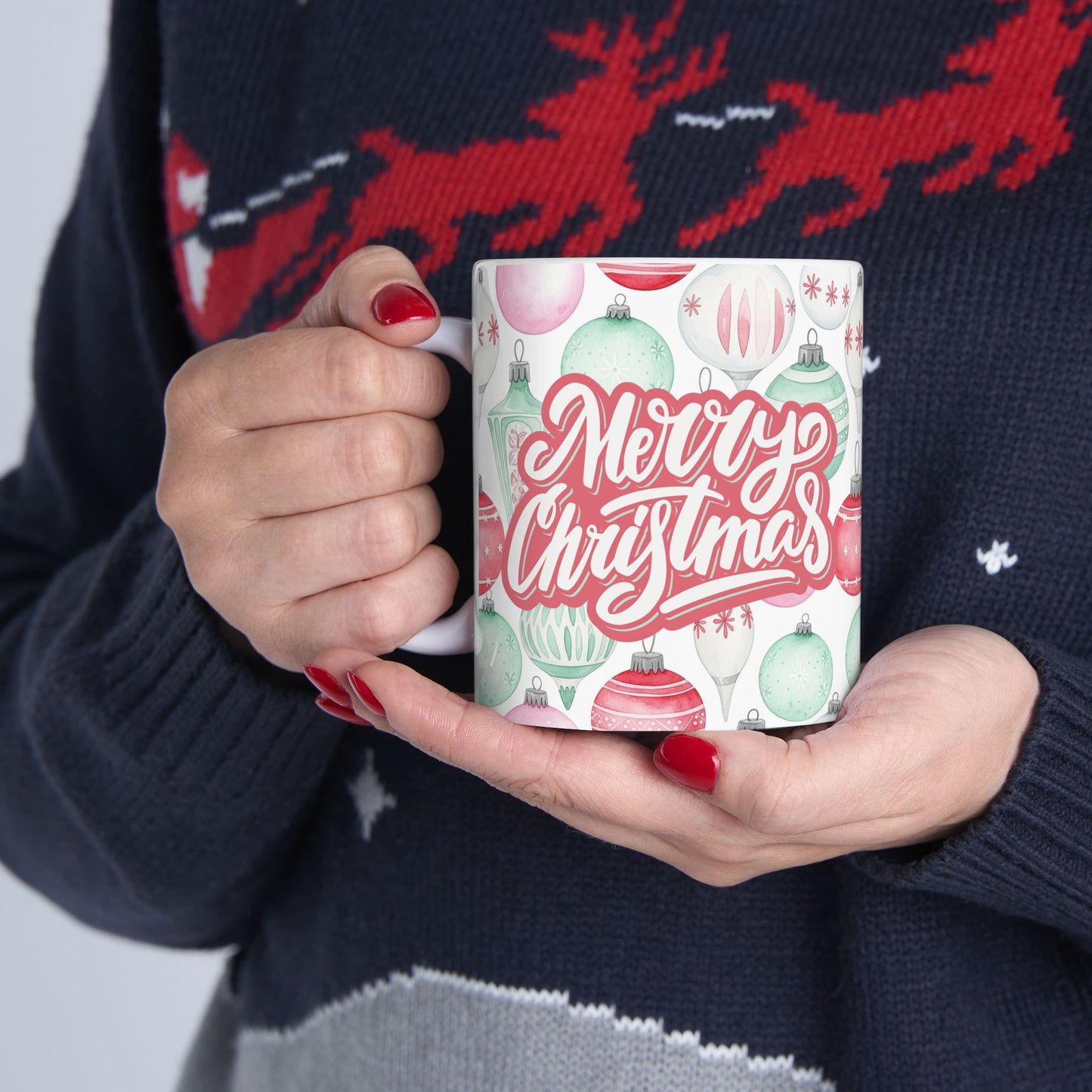 Christmas Vintage Ornaments Mug — 'Merry Christmas' Pink & Mint Holiday Ceramic Coffee Mug (11oz/15oz)