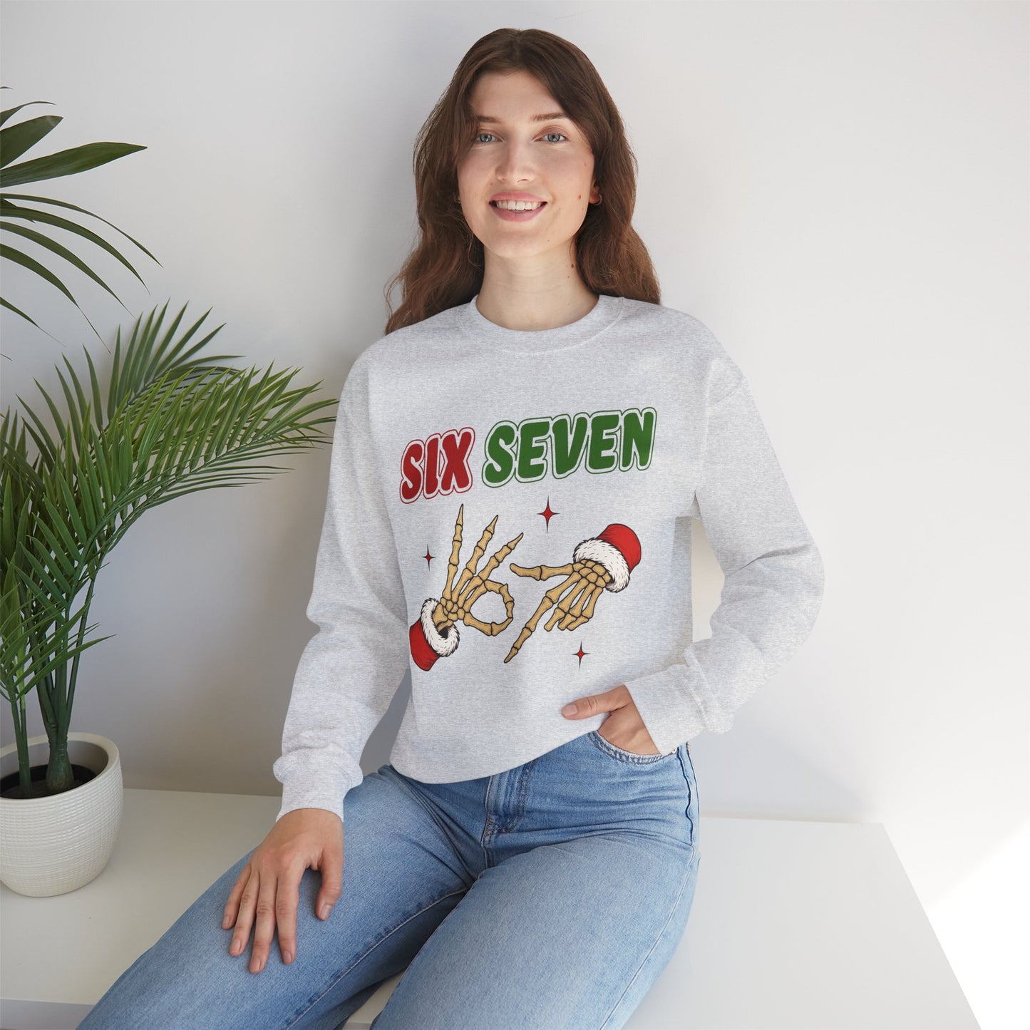 Youth Christmas Skeleton 'Six Seven' Crewneck Sweatshirt