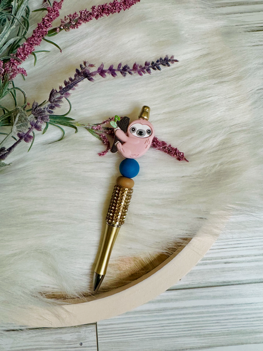 Pink Sloth Sparkle | Rhinestone Bronze Beaded Pen
