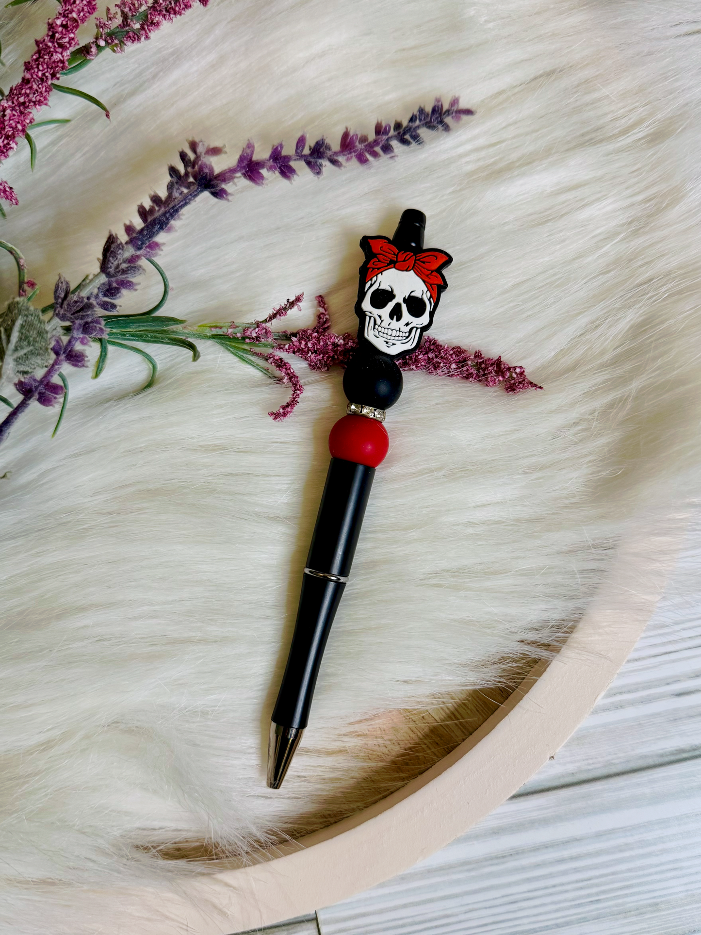 Red Bandana Skull | Rhinestone Accent Silicone Beaded Pen