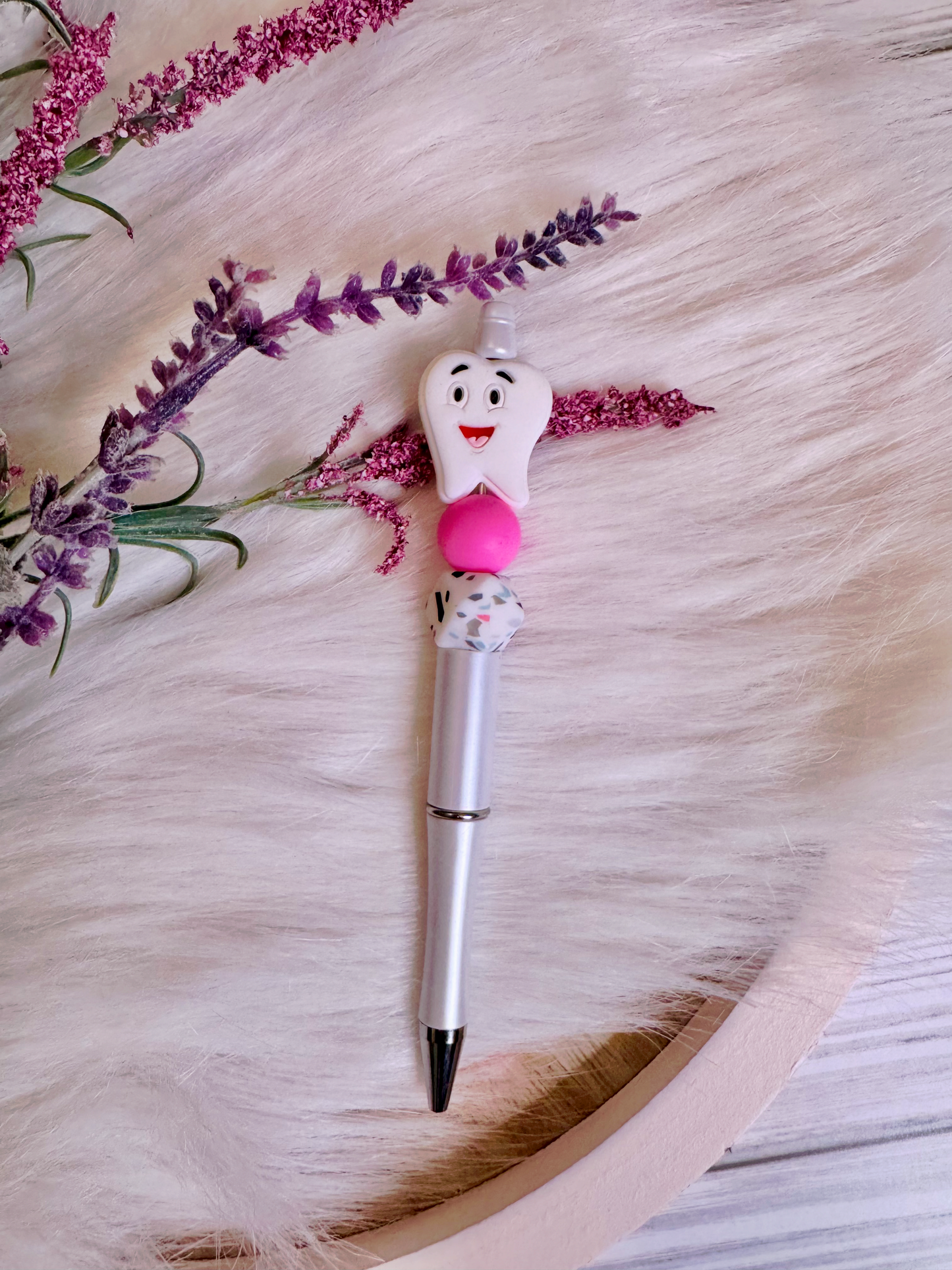 Smiling Tooth Charm | Pink & Mosaic Silicone Beaded Pen